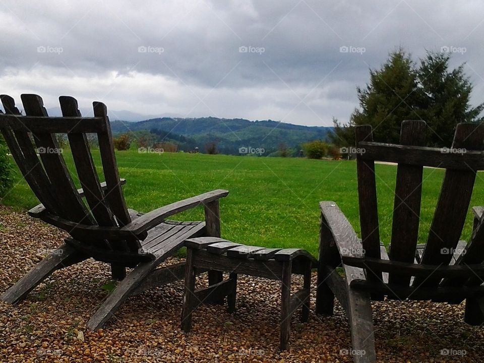 view, outdoor, mountain.  two outdoor chair, summer,relaxation