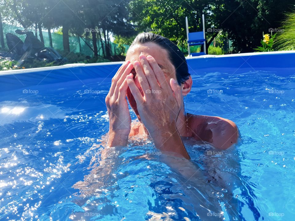 summertime, boy on pool
