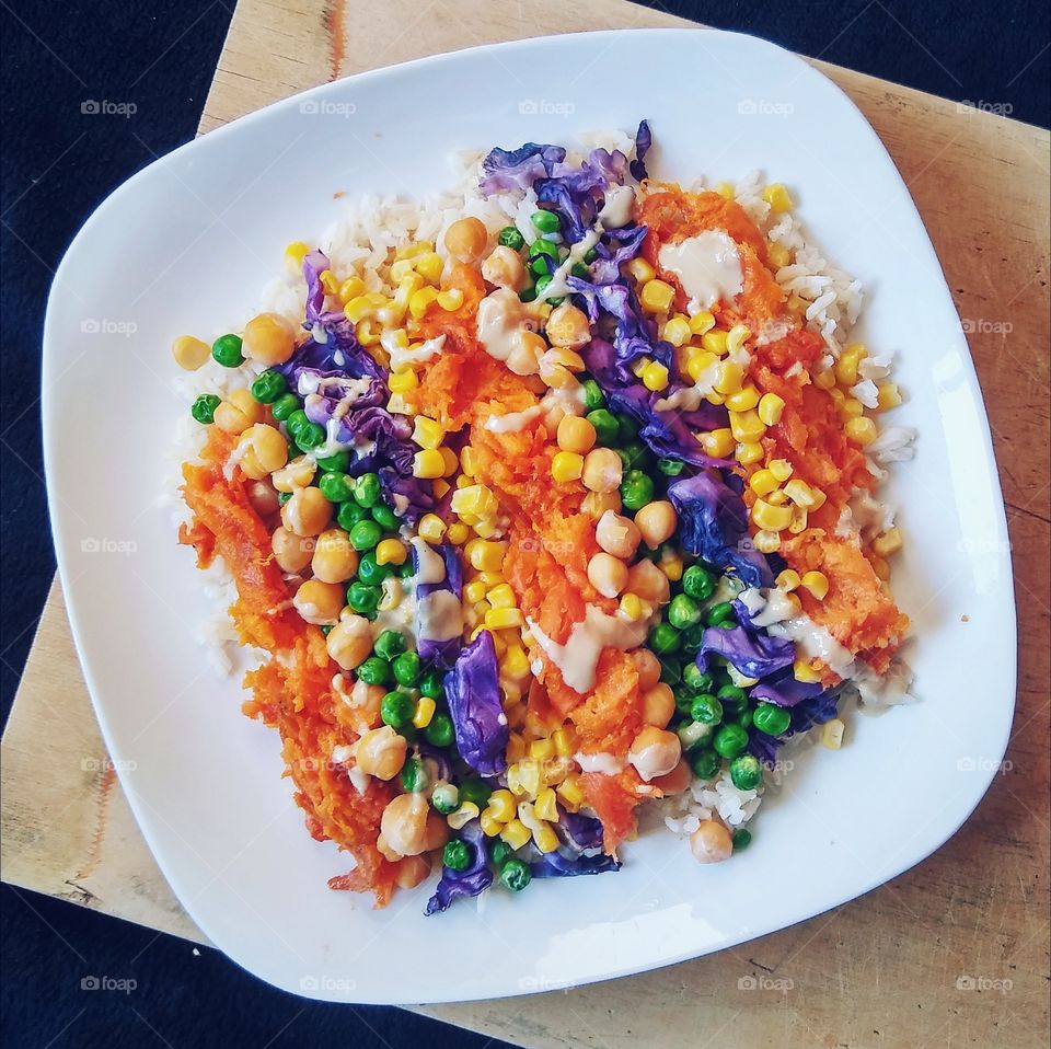 Rainbow Veggies Over Rice