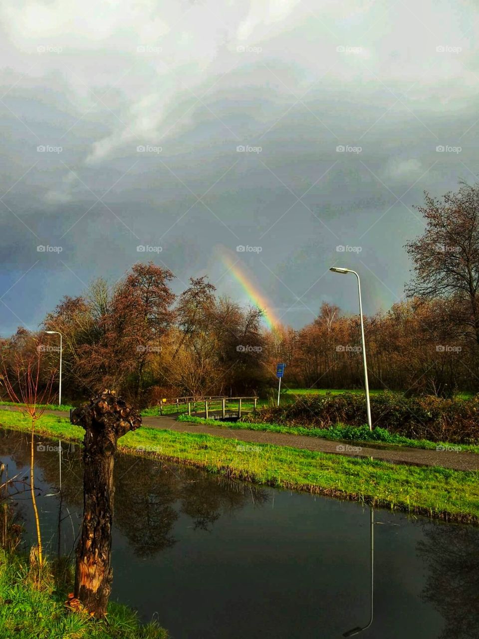 arco íris na estrada molhada