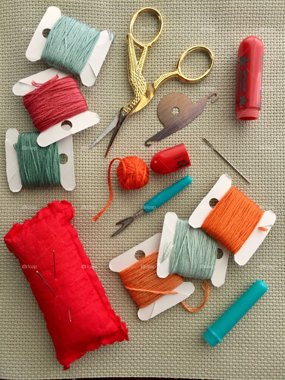 Sewing equipment on table