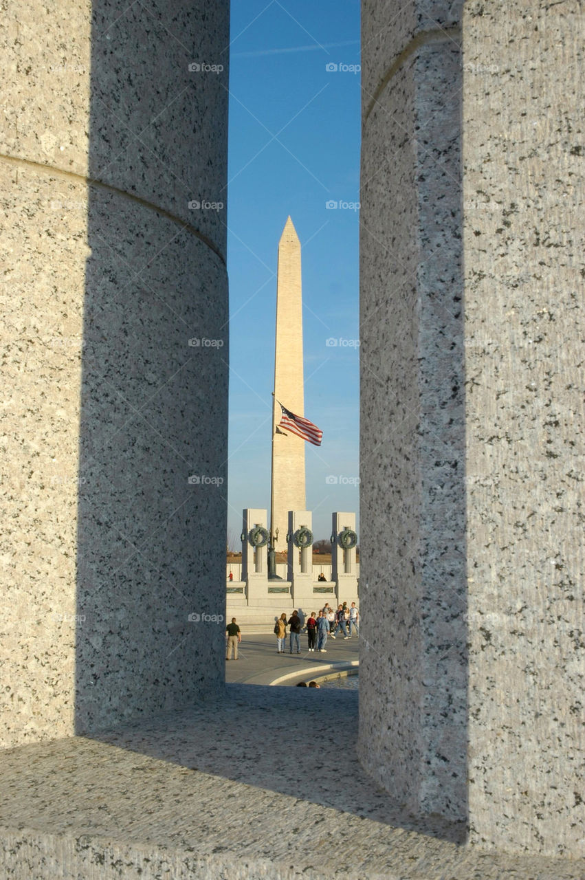 The Washington Monument as seen through the World War II Memorial