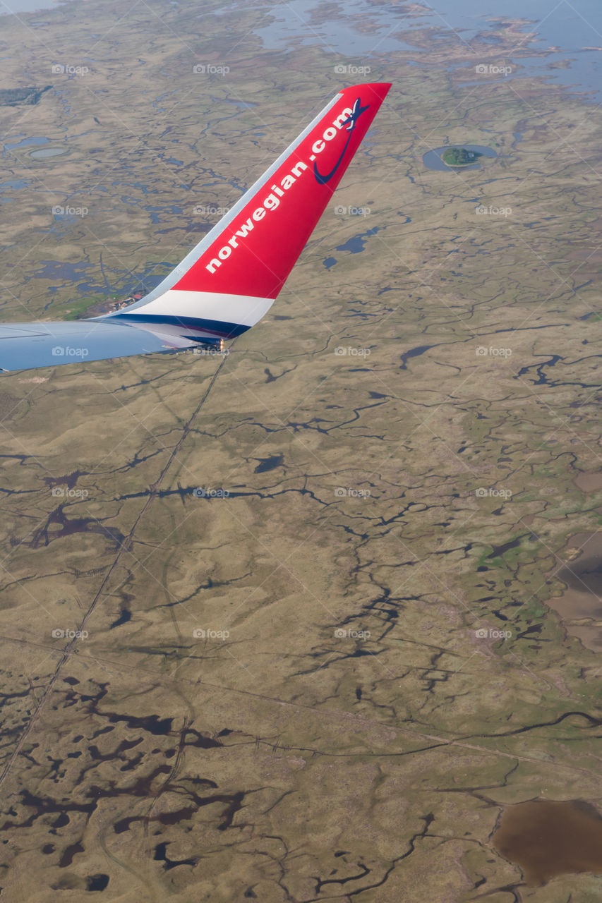 View from airplane window. Landscape over Öresund between Denmark and Sweden.