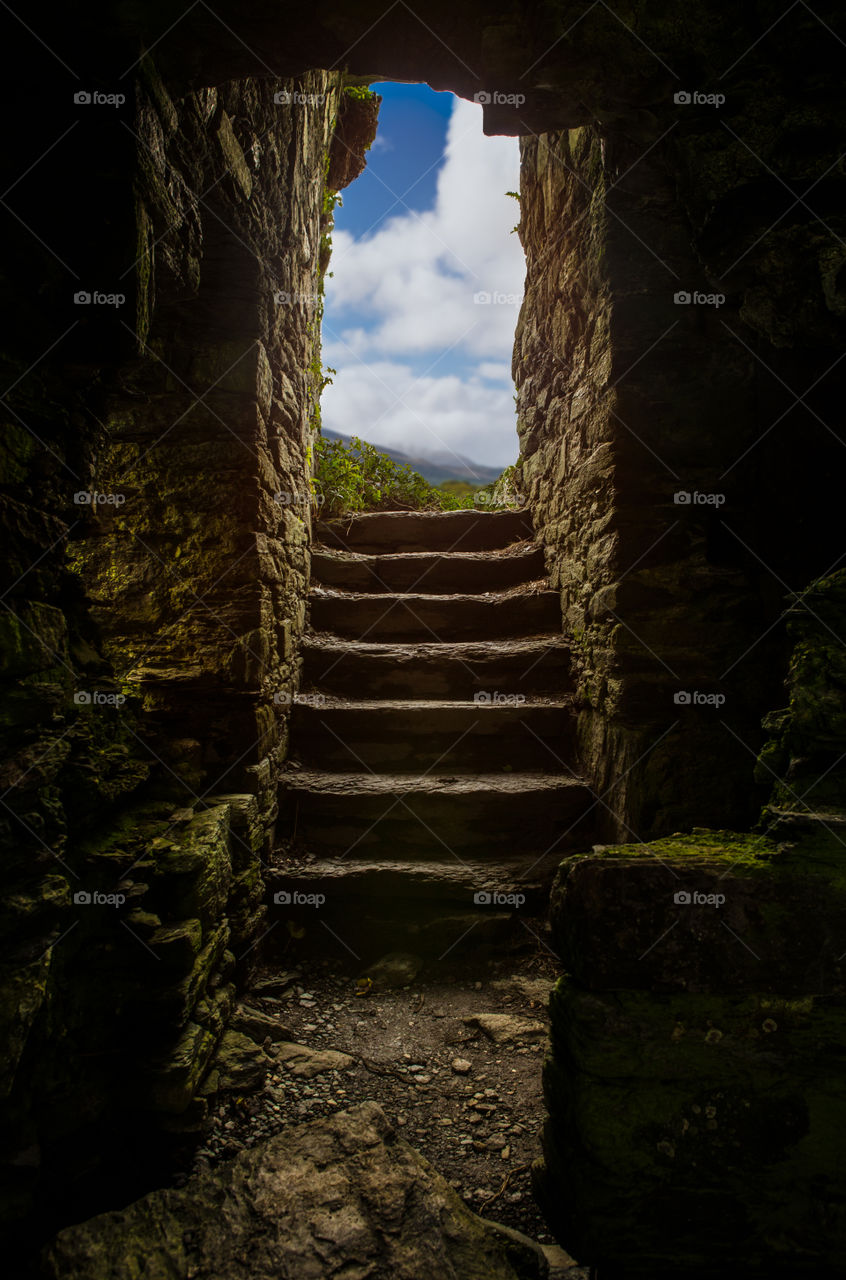 window view - staircase to cloudy outdoors