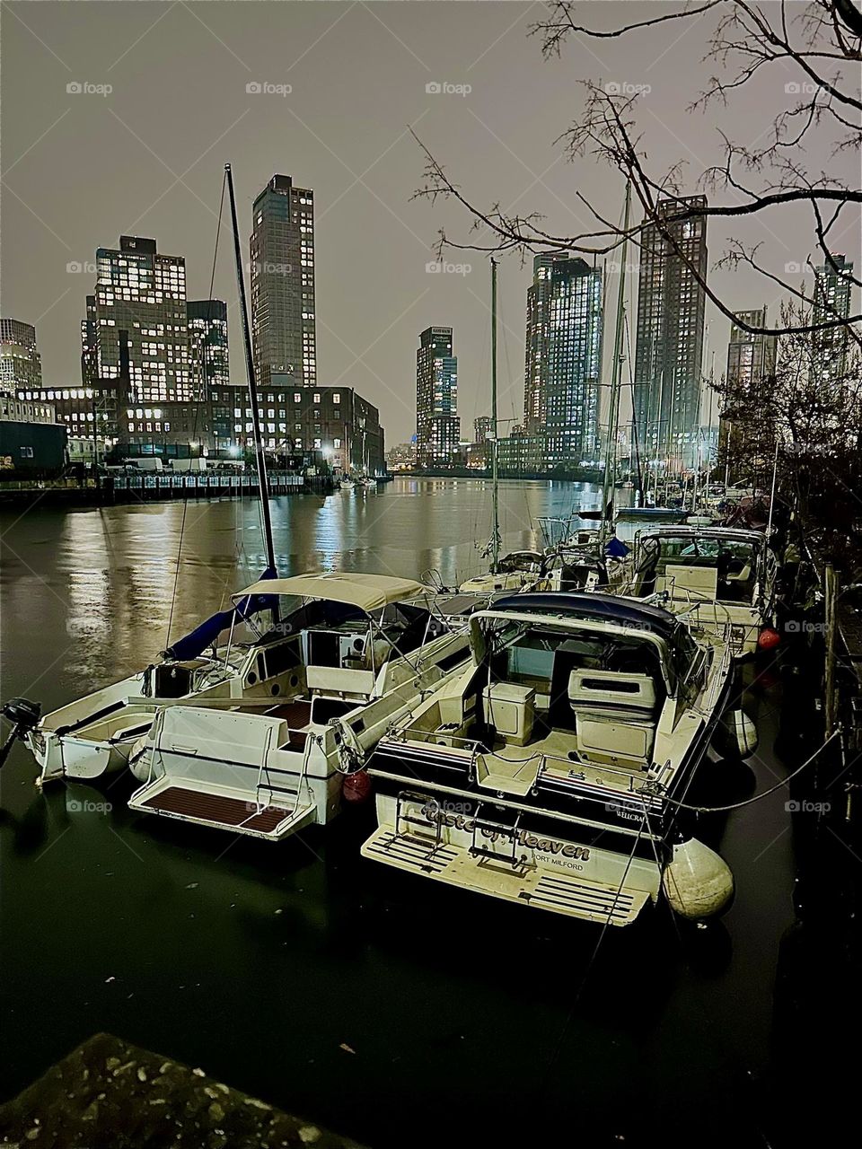 This is “Newtown Creek” at night seen from the parking lot beneath the “Pulaski Bridge” in LIC, Queens in early December 2023. Across the “East River” on the left we see “Greenpoint”, Bklyn and on the right parts of LIC. Hypnotic Productions