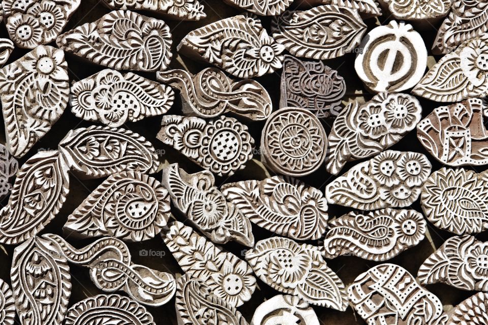 Assorted Wooden Stamps for sale in Pushkar street market . Close up wooden stamps, Pushkar