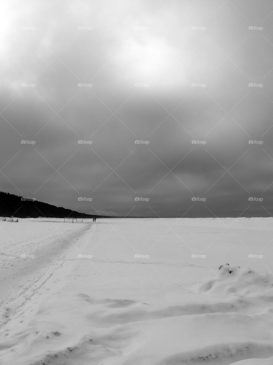 Black and white shot of winter landscape in Jūrmala, Latvia.