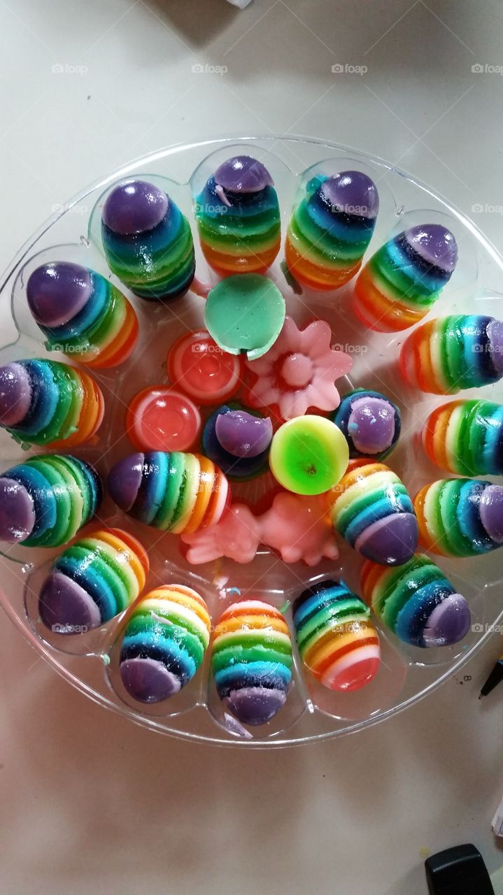 colorfully eggs. layered jello eggs for Easter