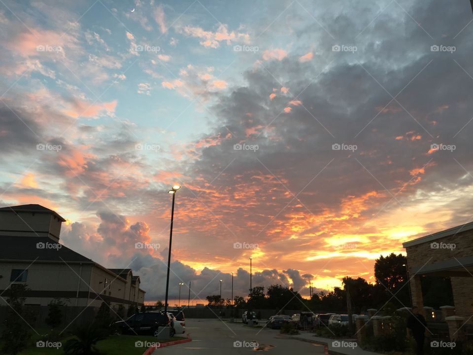 Sunset in Houston, with pink clouds. 