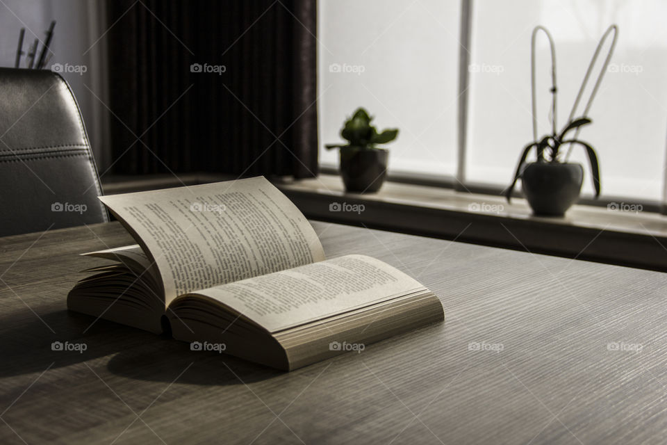 A portrait of an open reading book lying on a wooden table in front of a window.