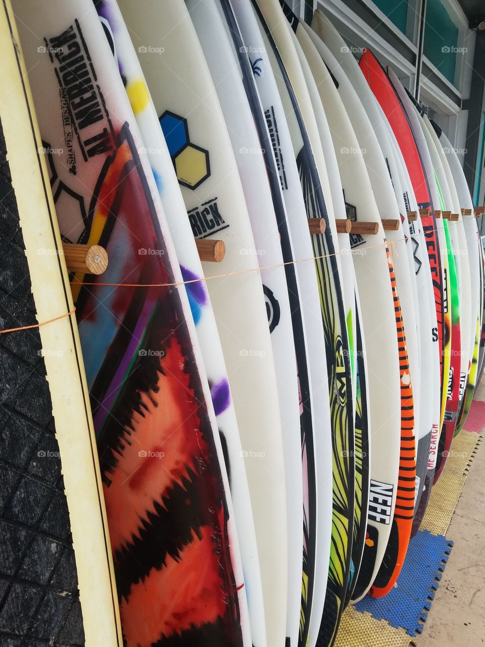 Surf boards line this store front in Haleiwa, HI.
