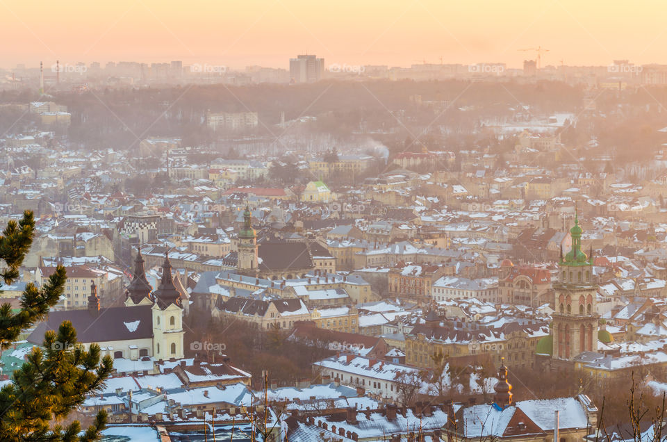 Lviv cityscape during the sunset