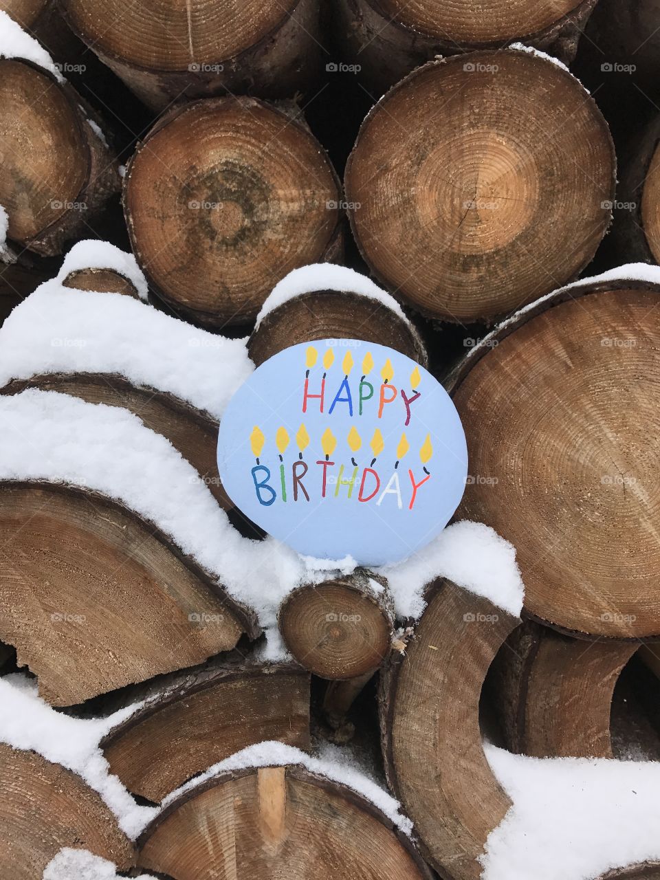 Happy Birthday stone with cutted trunks background and snow