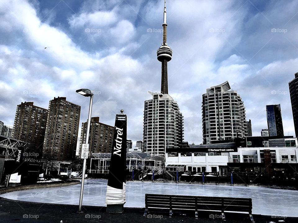 Downtown Toronto buildings behind skating rink on a winters day , harbourfront 