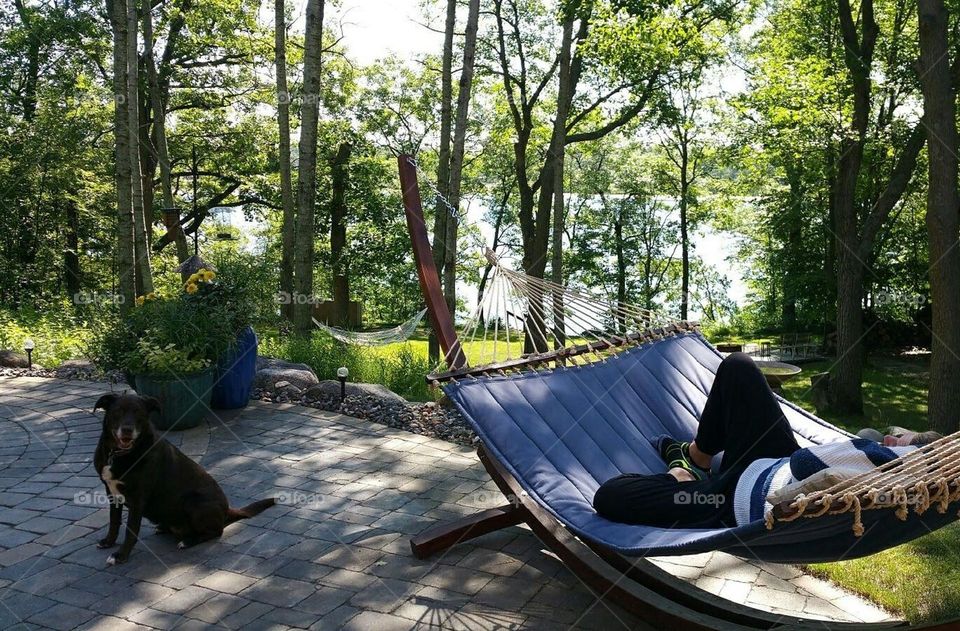 guy relaxing in a wooden hammock on a patio in the shade with lake views and his loyal chocolate lab puppy nearby