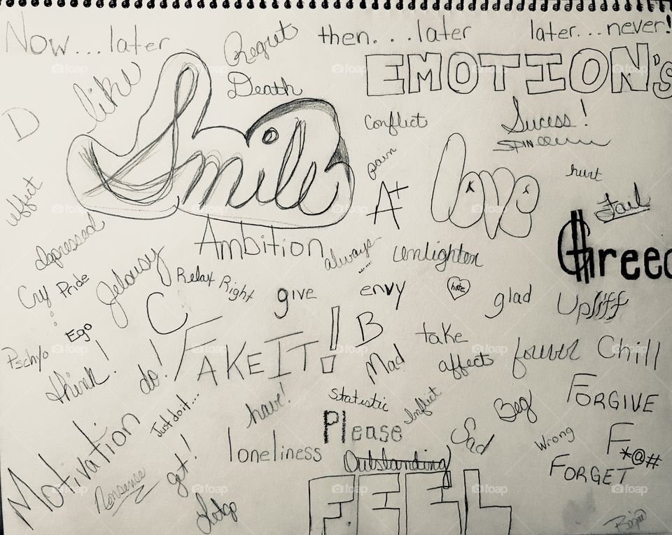 Words of emotions, feelings, or adjectives hand sketched on a spiral bound sketchbook 