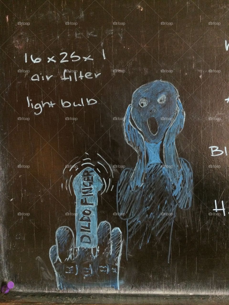 Dildo finger. Chalk drawing on chalk board