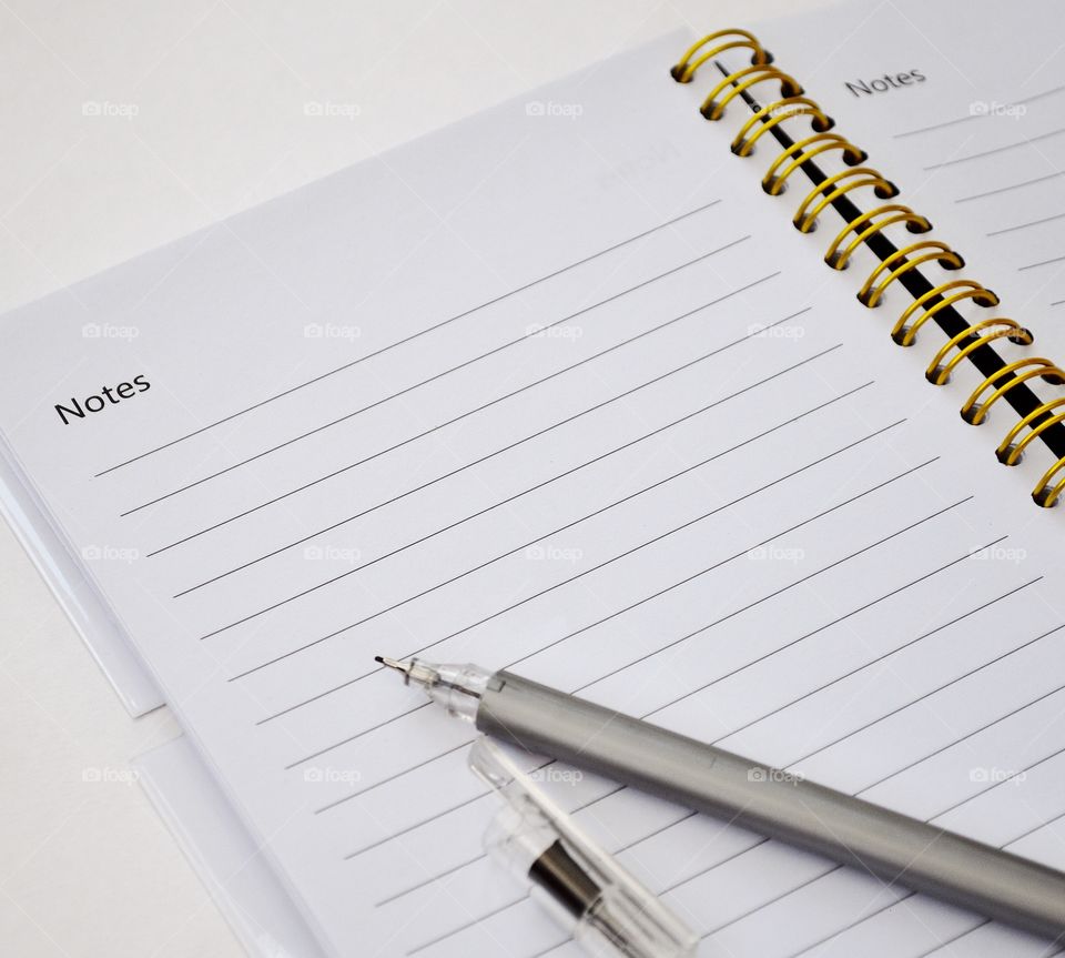 Blank pages of a lined notebook with the heading ‘notes’ with black pen and gold ring binders. 