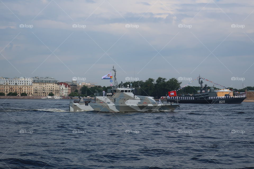 Rehearsal of the parade in honor of the day of the Navy on the Neva River, St. Petersburg
