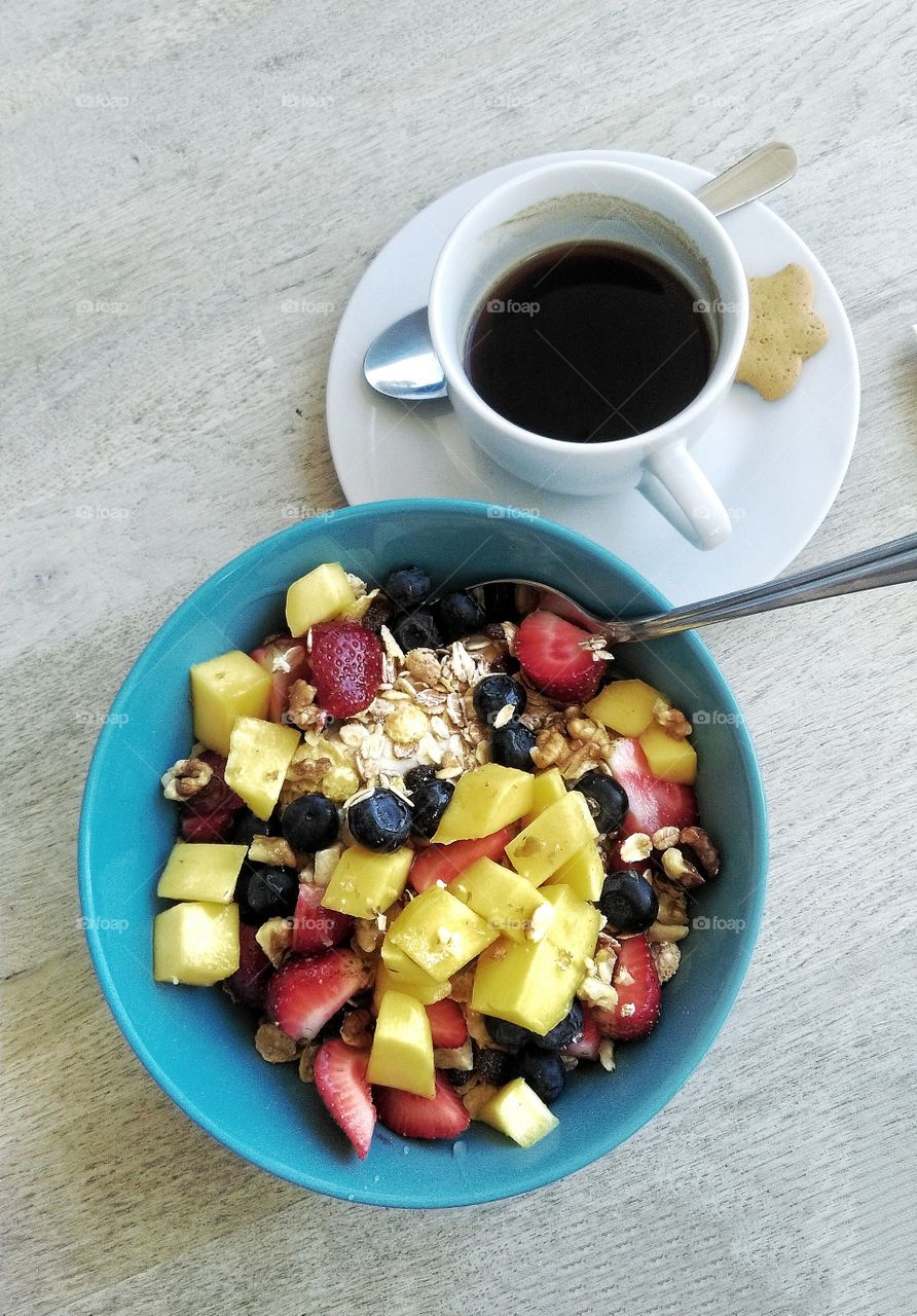 Healthy granola breakfast with coffee