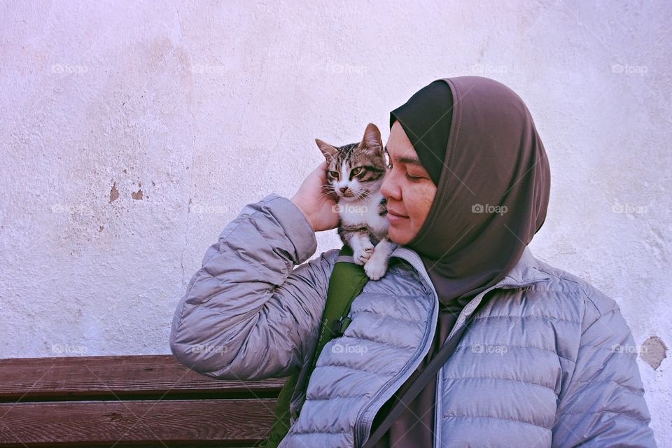 shoulder to sit on. friendly cat in Selcuk Turkey