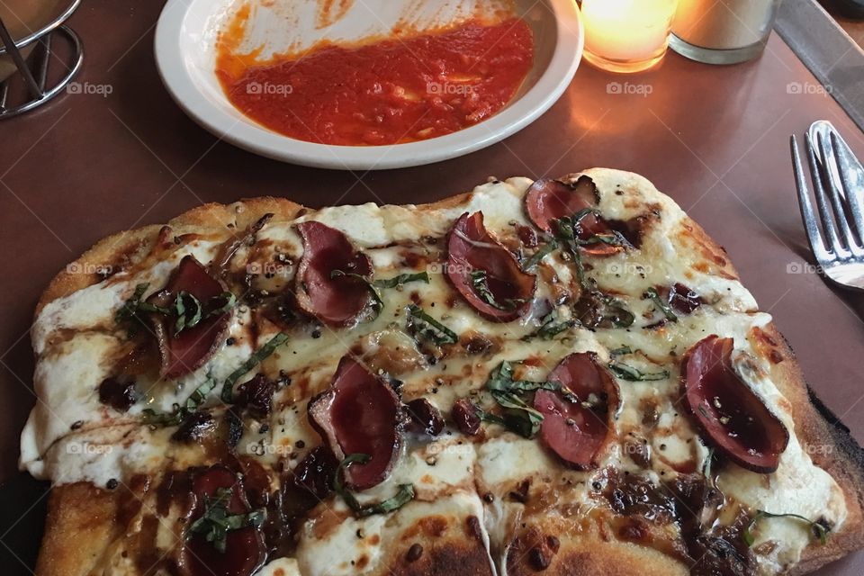 Duck bacon pizza and Hot Tom sauce at Pastabilities in Syracuse, NY. 