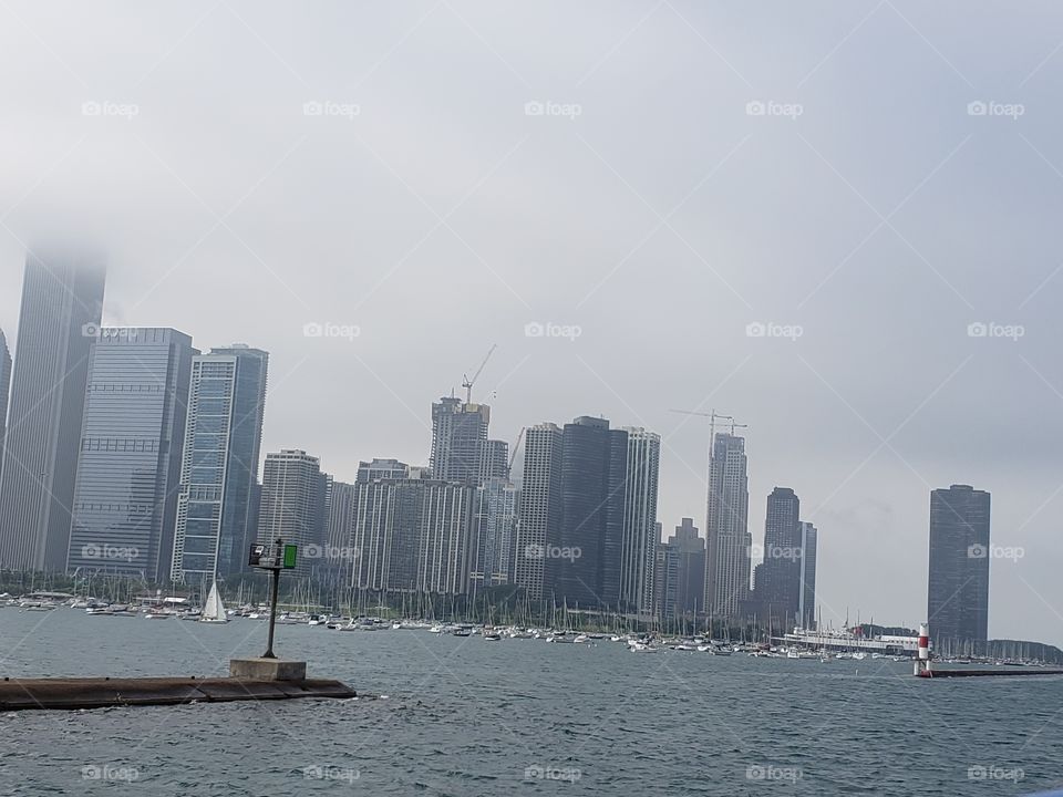 A foggy look on Chicago and the Navy Pier skylines