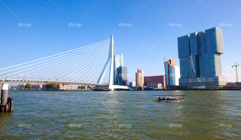 A view of the Maas river and the Erasmus bridge in Rotterdam, the Netherlands 