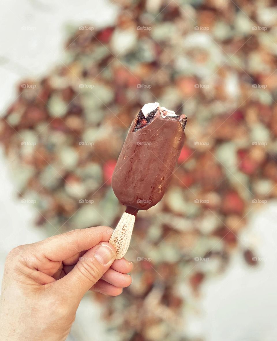 Eating ice cream outside, delicious dessert outside, woman’s hand holds chocolate covered ice cream bar, eating ice cream