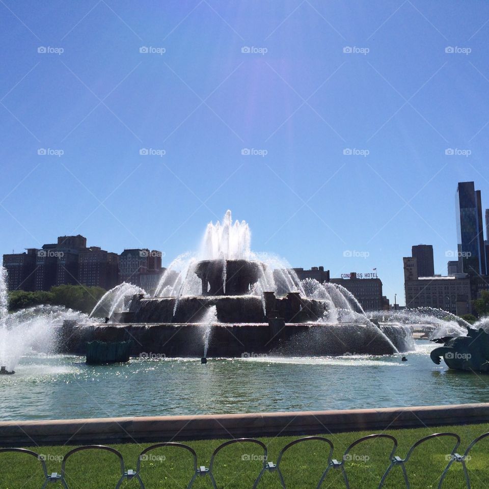 Downtown Fountain. Chicago splash summer water stone  sunshine city walk sprinkle statue