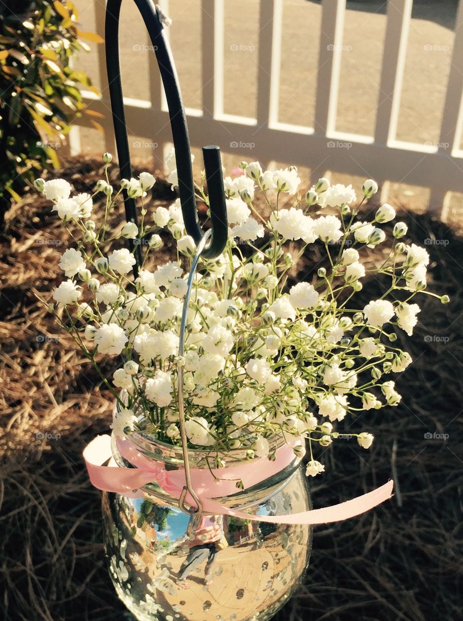 Baby's breath in a mason jar of water with pink bow all hanging from a fence.