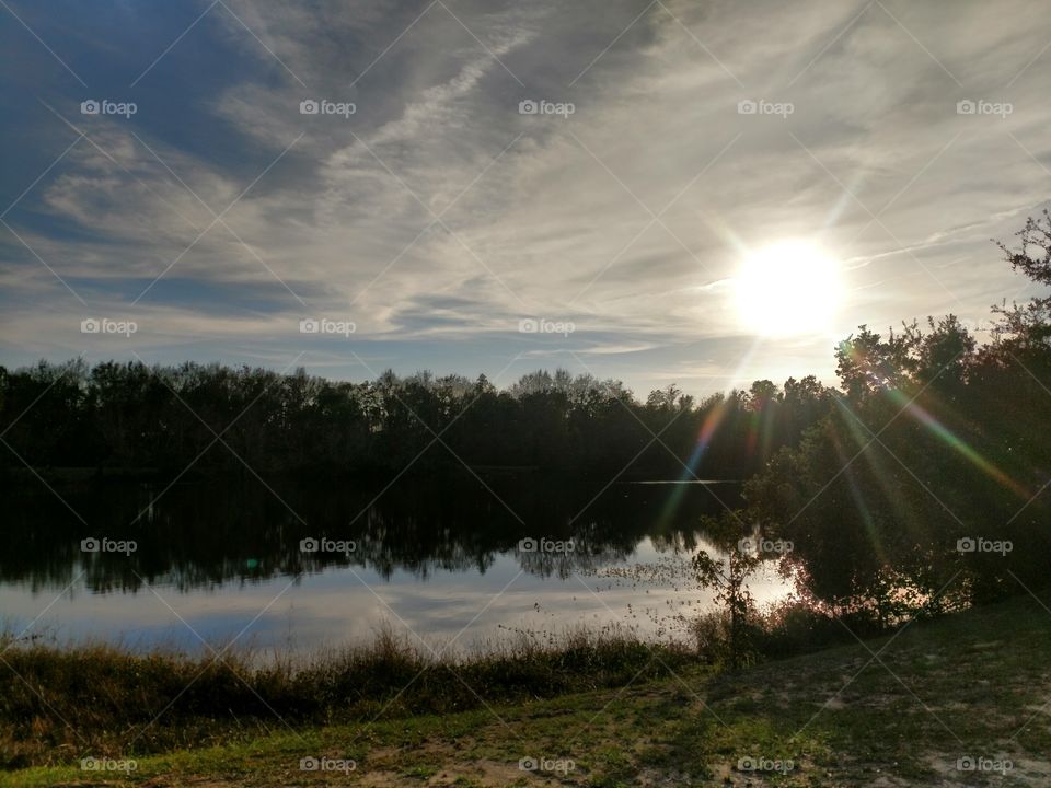 sunset, lake, reflection, trees