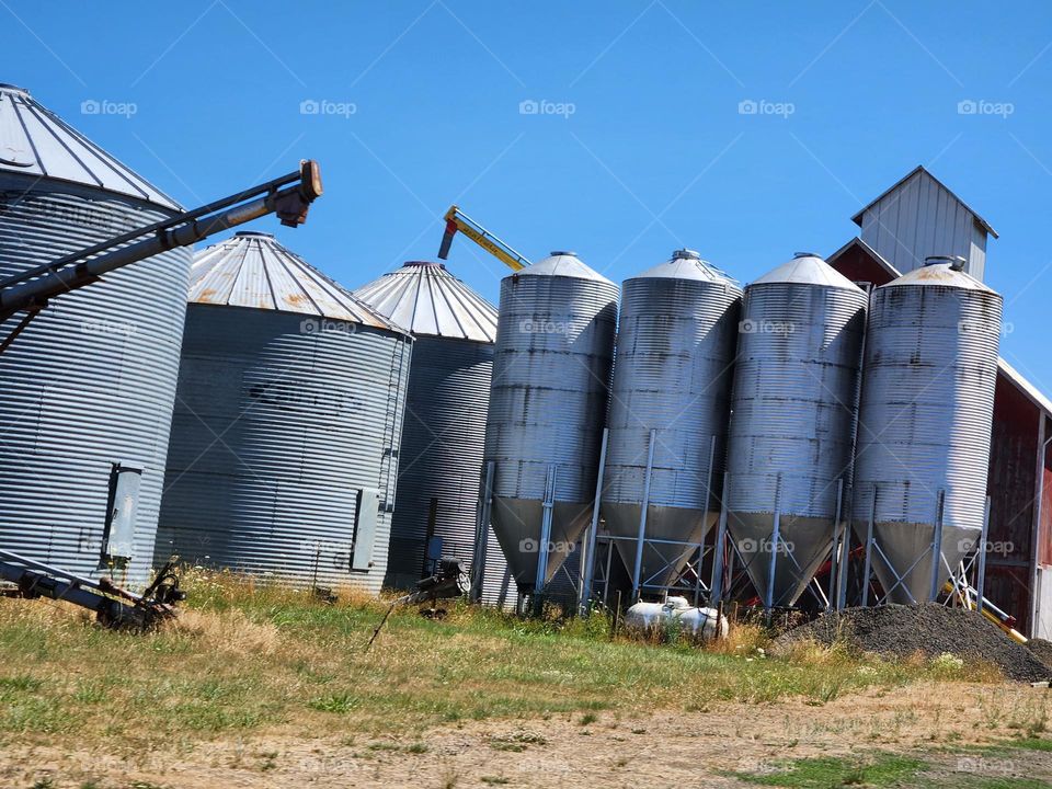 seven tall metal grain silos lined up in a row in front of a barn in the Oregon countryside