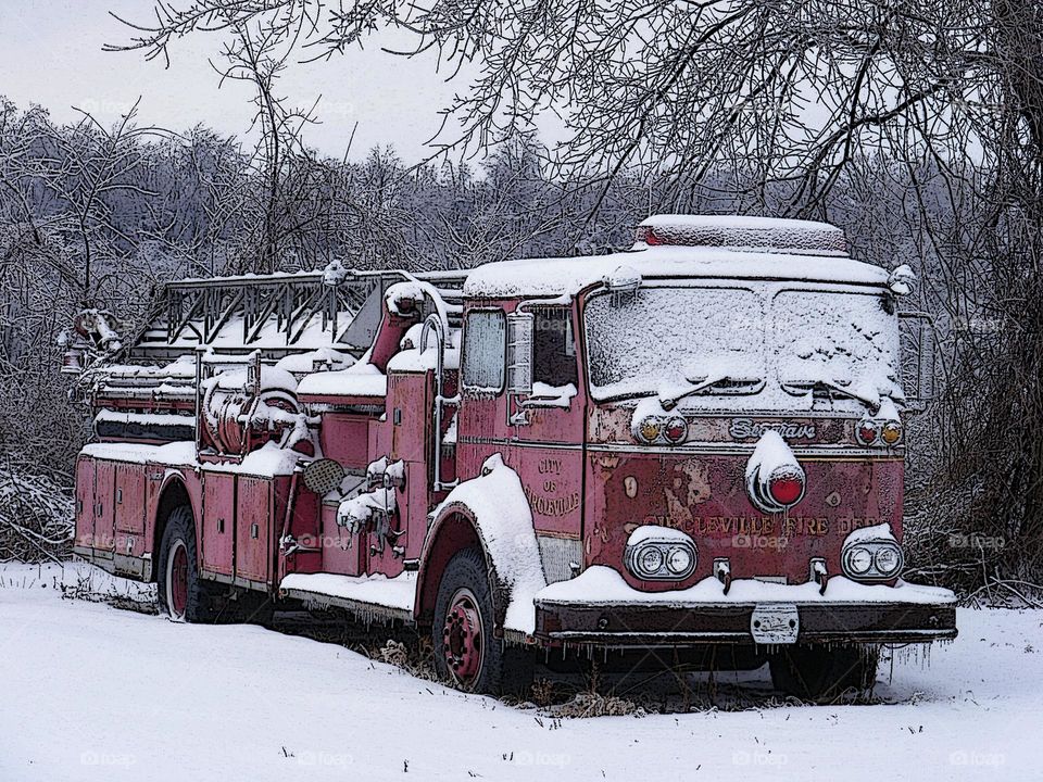Abandoned fire engine in the snow, old fire truck, fire engine in a snow storm, stranded in the snow, abandoned vehicles in the Midwest