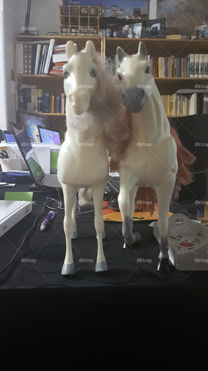 Our 4 year old grand daugther took my phone and took this picture of her two toy horses, Majestic and Horsy, standing on my work desk.