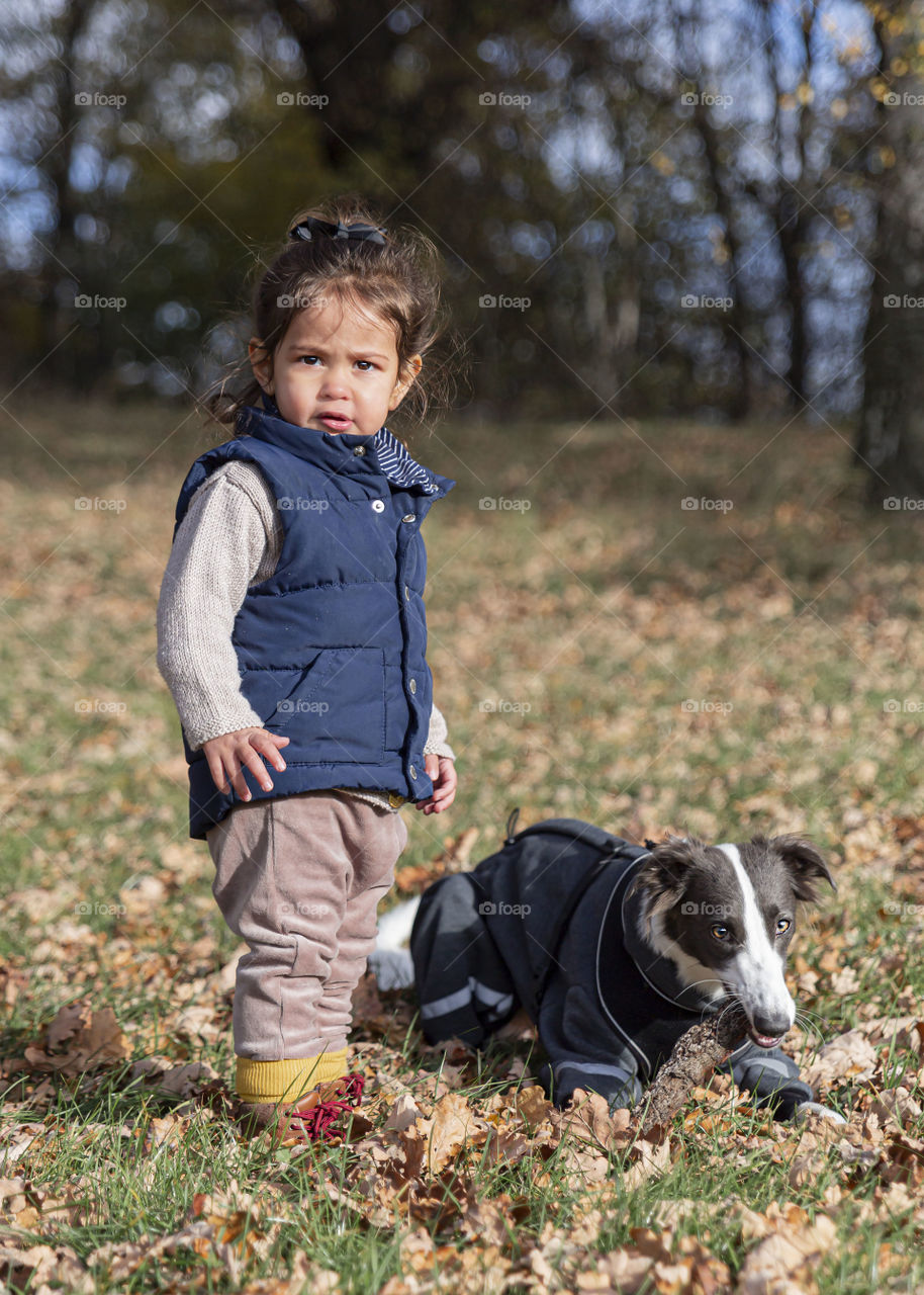 Cute kids fashion girl playing with a puppy dog on a sunny autumn day looking in to the camera 