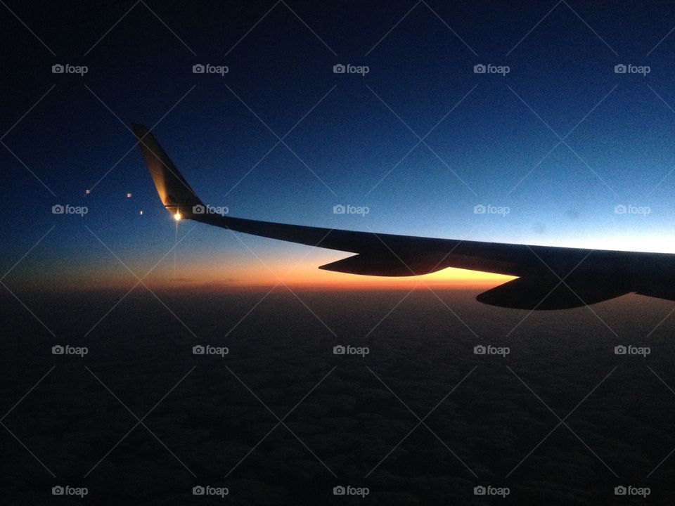 Airplane wing at dawn