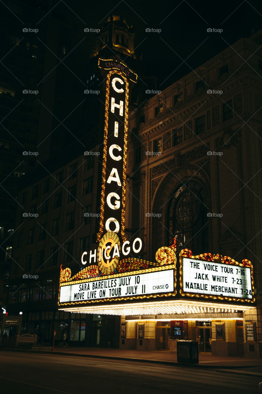 Chicago Theater at night . Chicago Theater in downtown Chicago, Illinois 