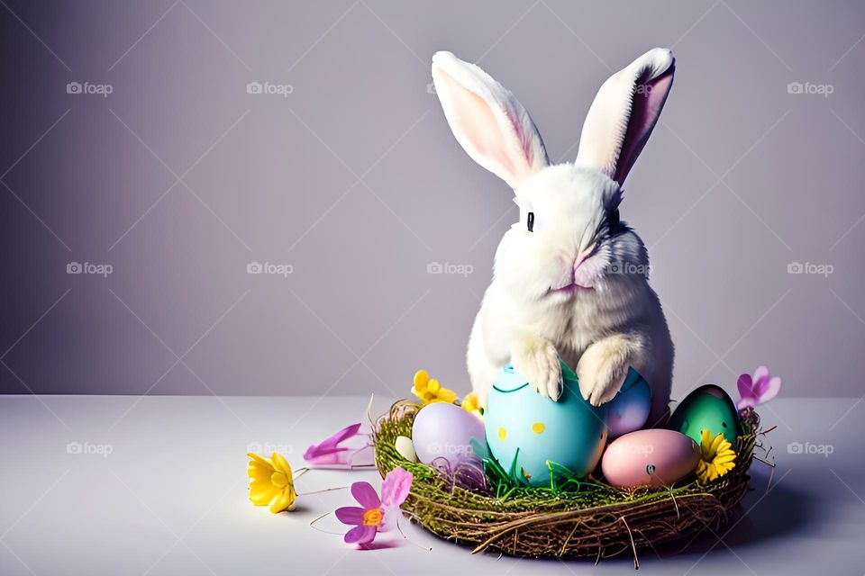 Easter, Easter feast, Easter eggs, colored eggs, Spring, Egg, white rabbit