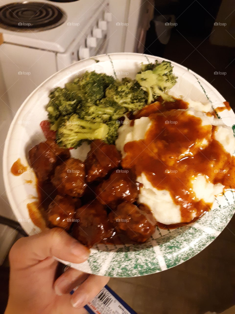 General Tso Meat Balls with Broccoli and mashed potatoes