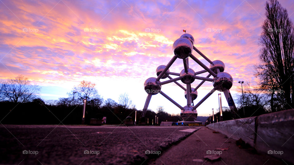 Atomium in Brussels, Belgium. Sunset in Brussels with a view of the Atomium building