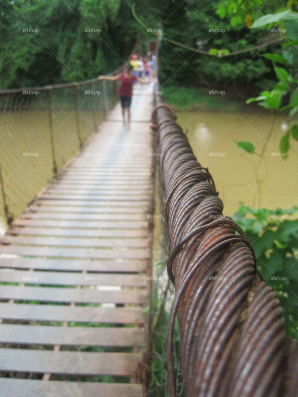 Hanging bridge over river in tropical forest, Philippines