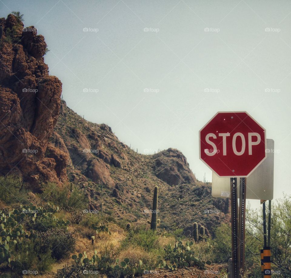 stop sign along the highway through the mountains
