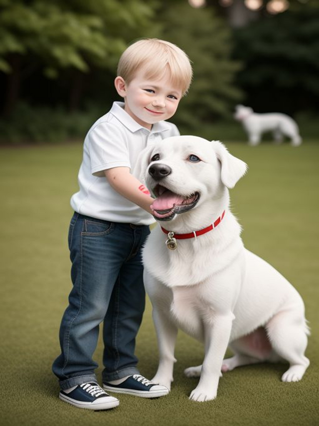 Cute baby playing with his white dog