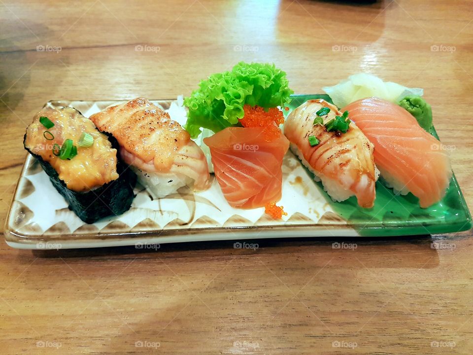 Salmon Sushi on tray