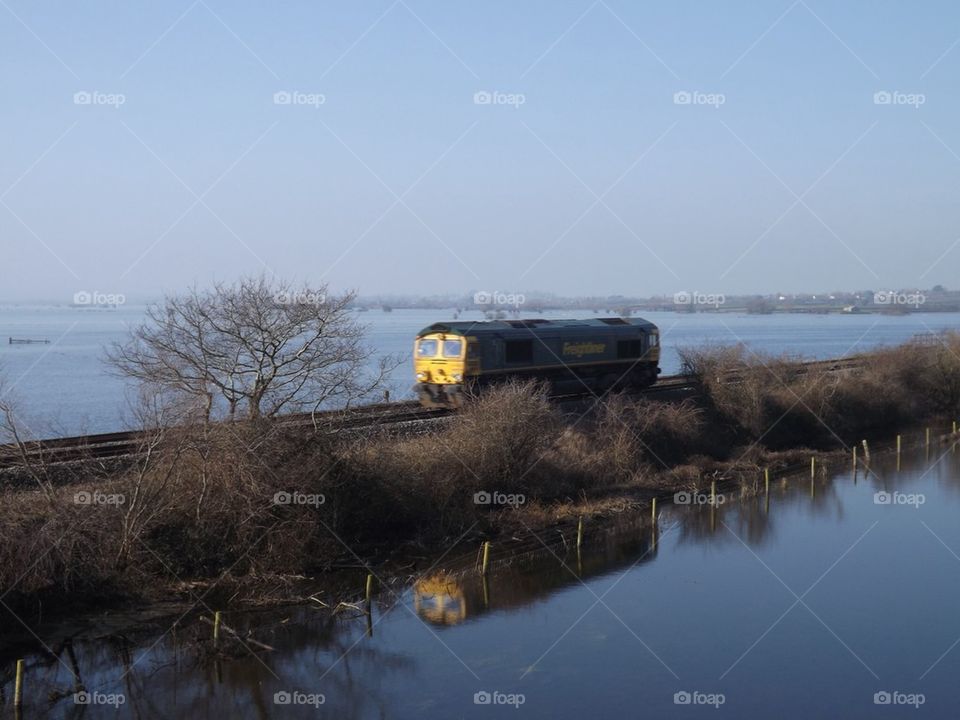 Train going through flooded Somerset 