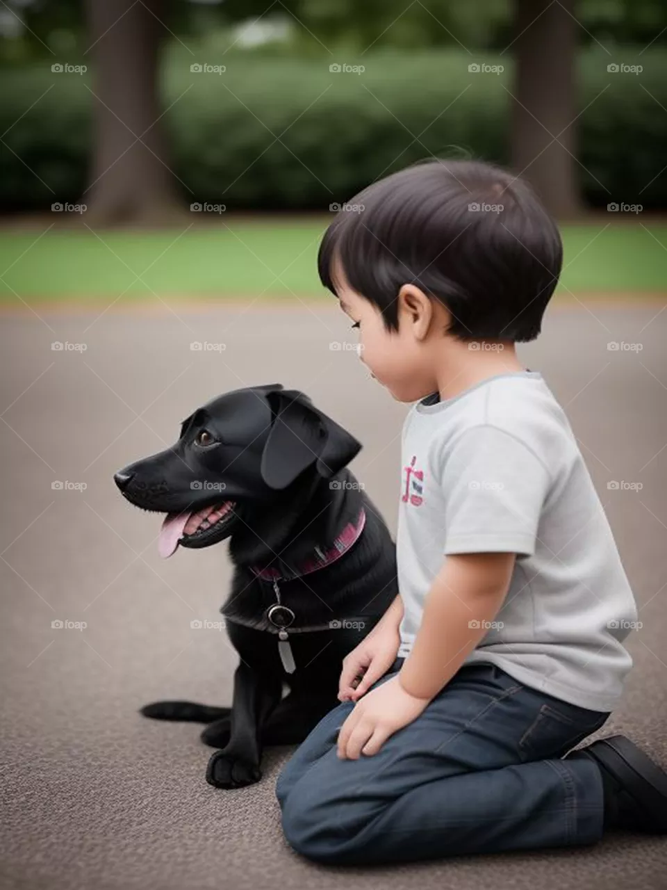 Cute kid with his black dog