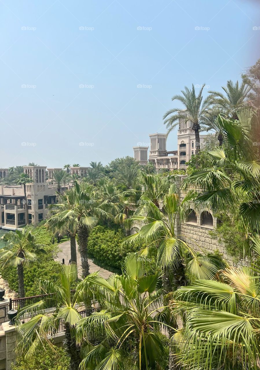 Palace in the desert with palm trees