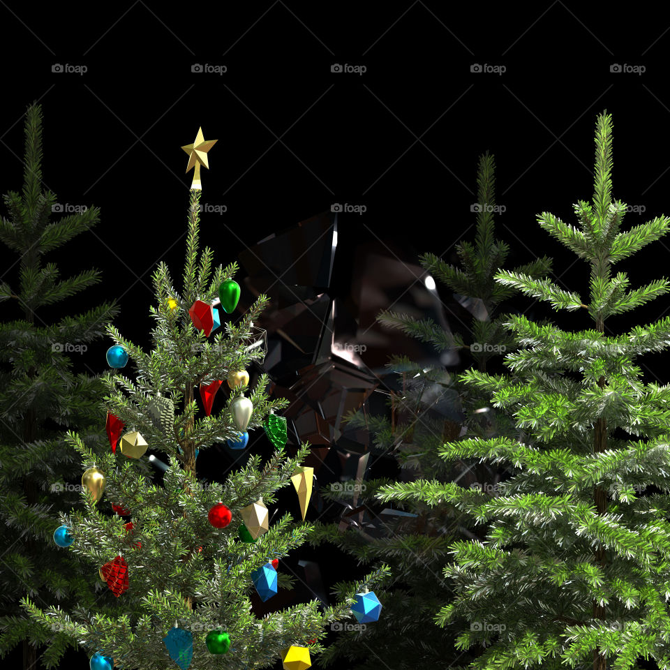 Beautiful christmas trees isolated on a black background with space for your text. 3d illustration