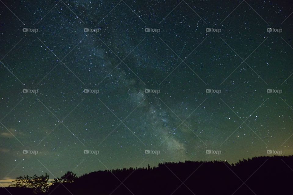 Milky way as seen from St. Georgen in the Black Forest. Some trees in the foreground.